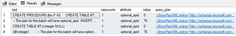 Plans accessing a temporary table outside the creating scope have optional_spid as a cache key