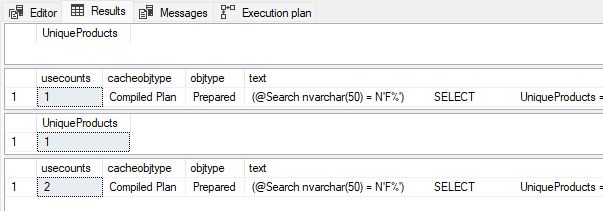 Result sets for the sp_prepare plan matching demo